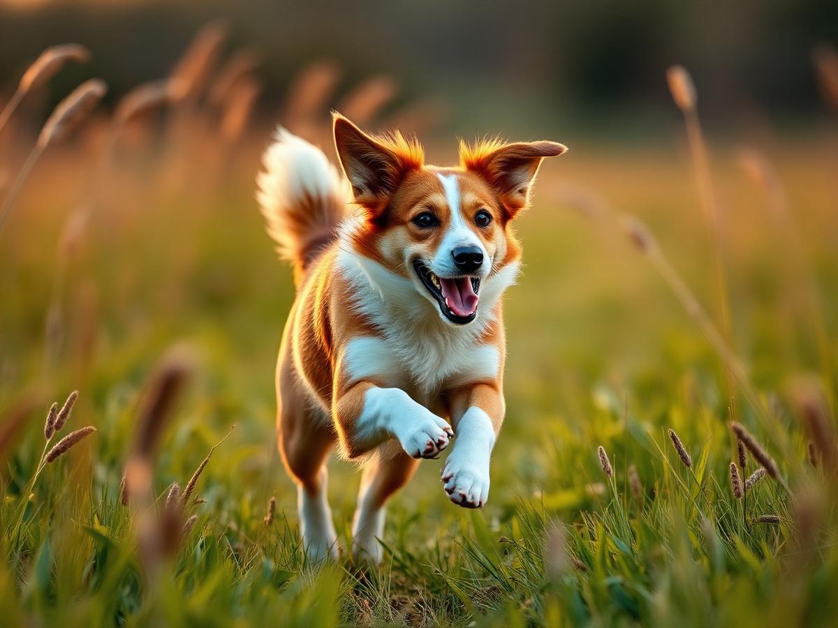 A dog mid-stride in a meadow at golden hour