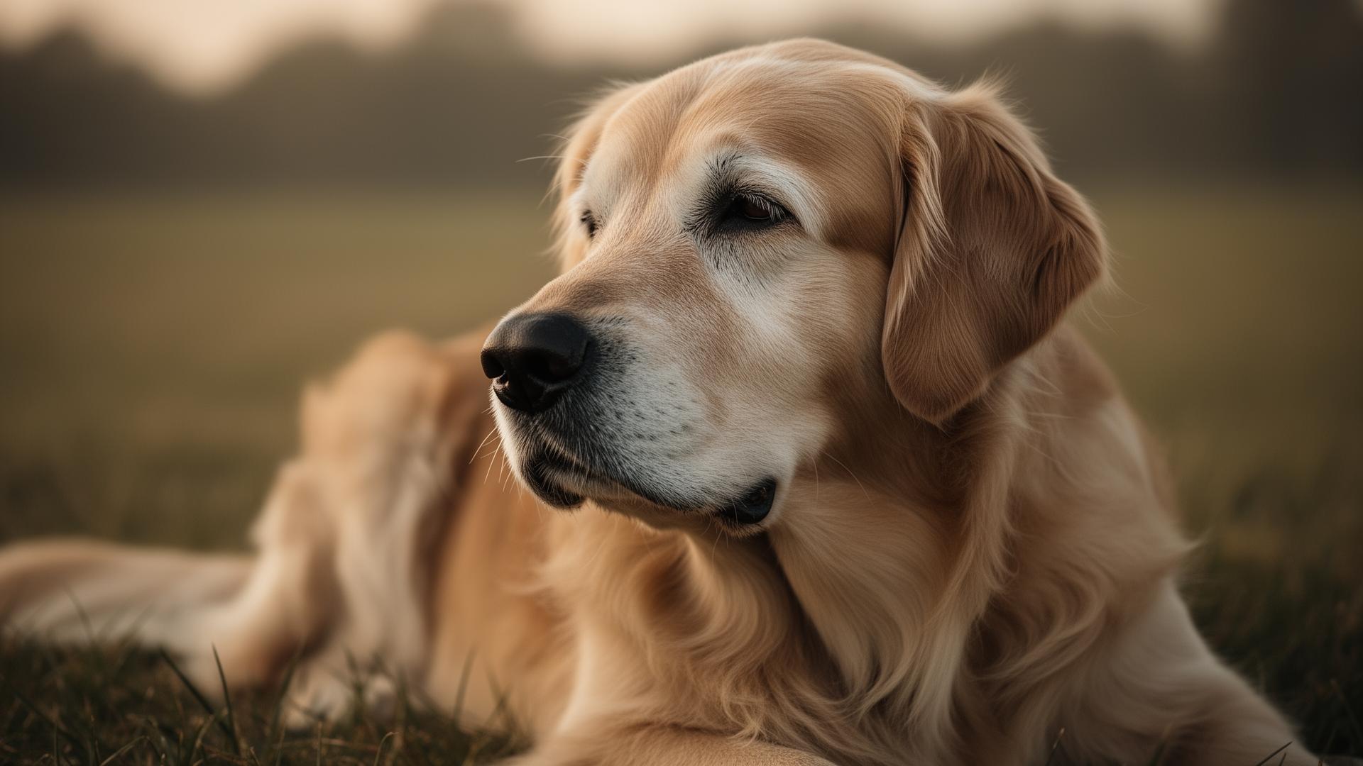 A senior golden retriever resting in golden hour light